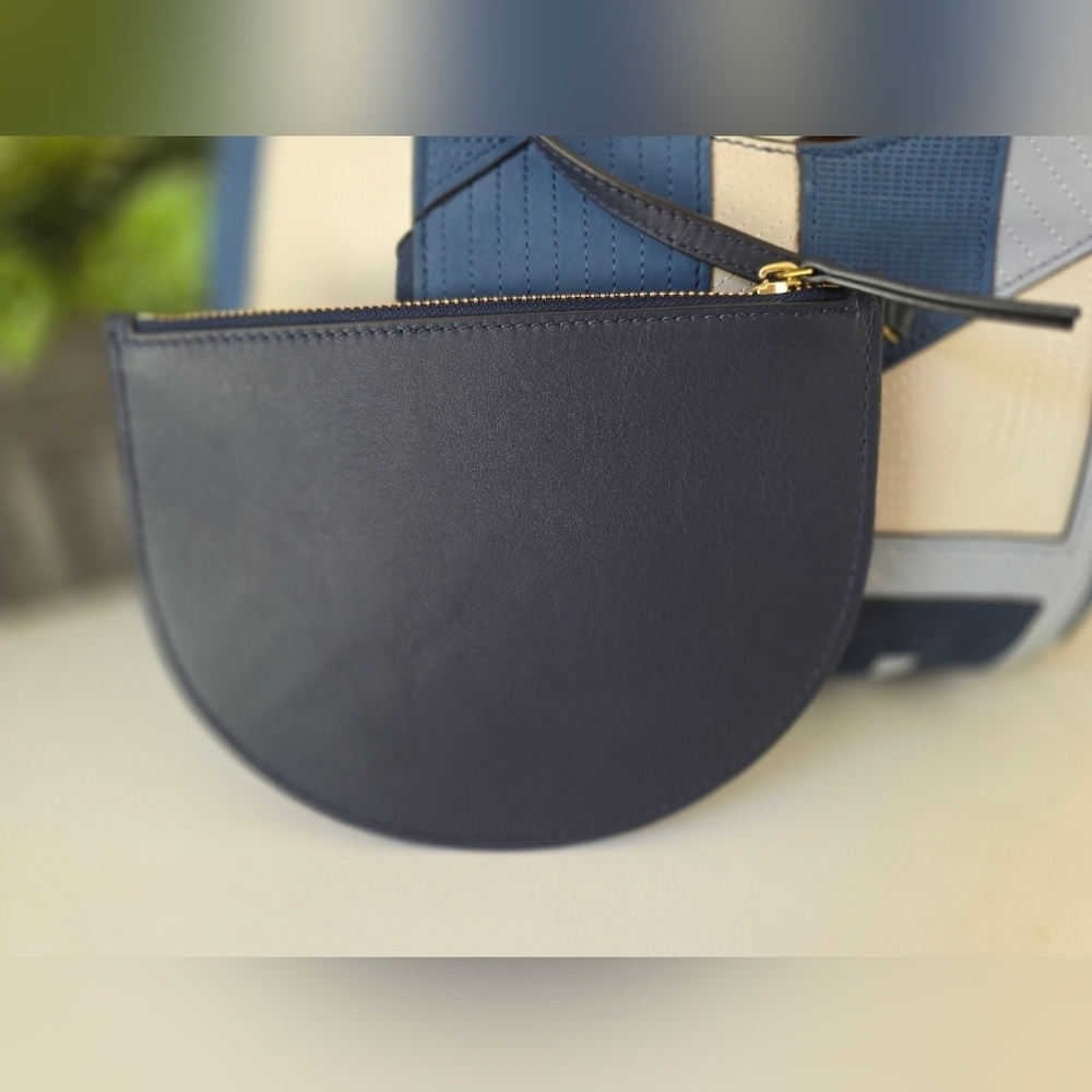 Tory Burch Rare Suede Patchwork Tote Wood Handle Navy Colorblock Pouch Crossbody - Picture 8 of 13